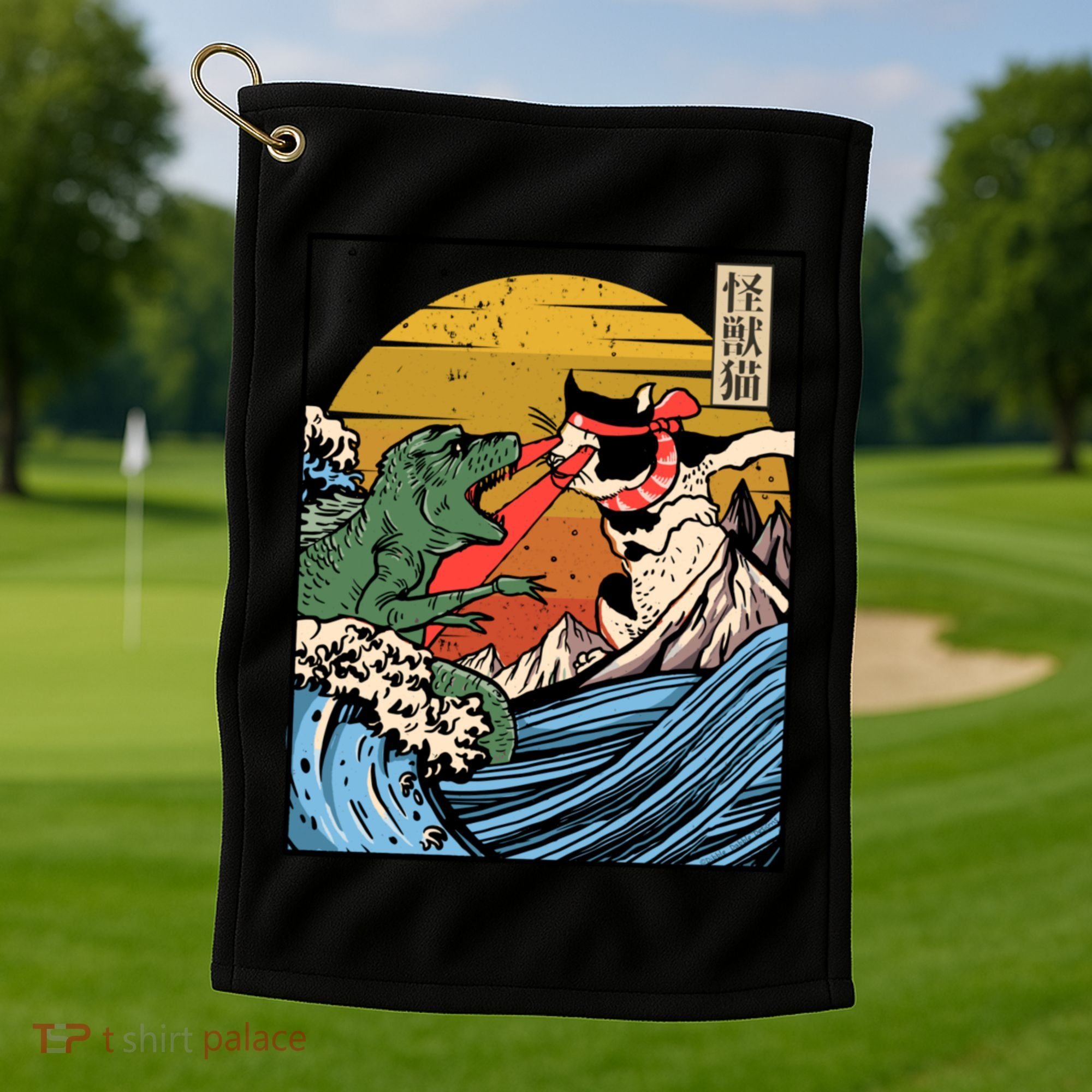 Retro Japanese Reptile Monster Vs Cat Monster Great Wave Golf Towel