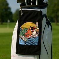 Retro Japanese Reptile Monster Vs Cat Monster Great Wave Golf Towel thumb 2