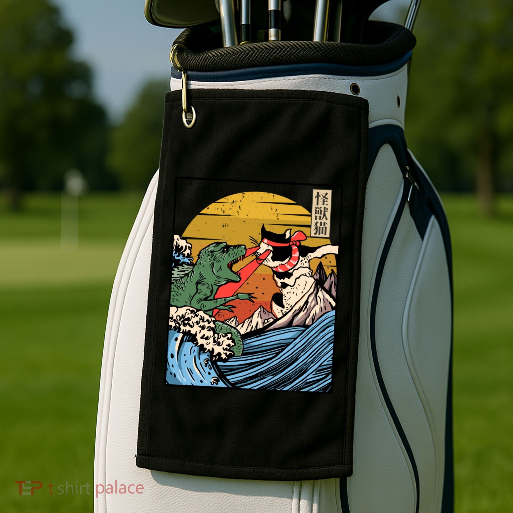 Retro Japanese Reptile Monster Vs Cat Monster Great Wave Golf Towel