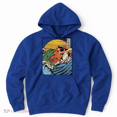 Retro Japanese Reptile Monster Vs Cat Monster Great Wave Hoodie