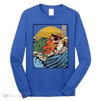 Retro Japanese Reptile Monster Vs Cat Monster Great Wave Long Sleeve Shirt thumb 0