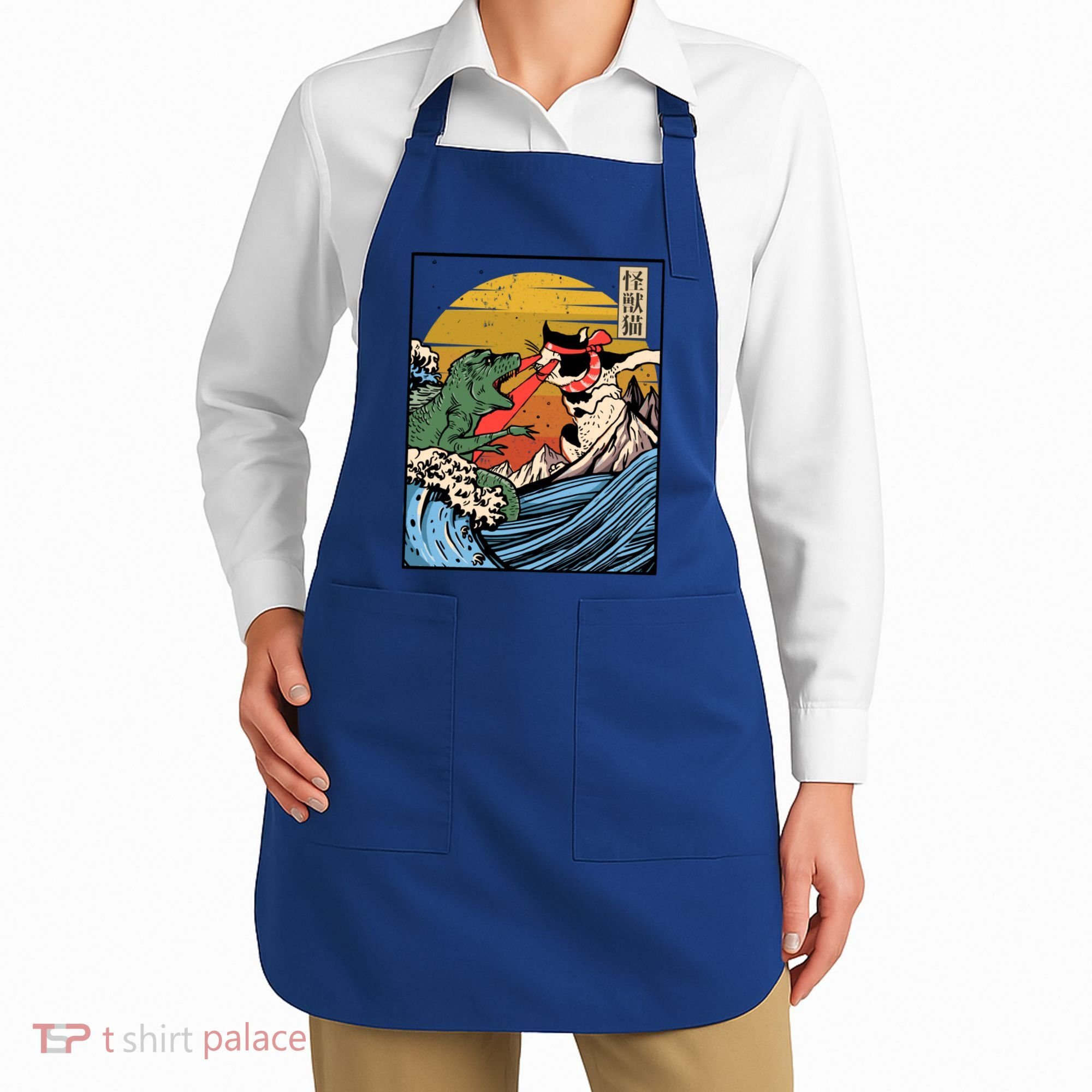 Retro Japanese Reptile Monster Vs Cat Monster Great Wave Apron