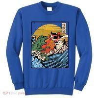 Retro Japanese Reptile Monster Vs Cat Monster Great Wave Sweatshirt thumb 0