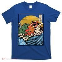 Retro Japanese Reptile Monster Vs Cat Monster Great Wave T-Shirt thumb 0
