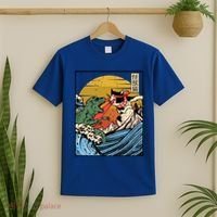 Retro Japanese Reptile Monster Vs Cat Monster Great Wave T-Shirt thumb 2