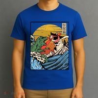 Retro Japanese Reptile Monster Vs Cat Monster Great Wave T-Shirt thumb 3