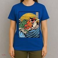 Retro Japanese Reptile Monster Vs Cat Monster Great Wave T-Shirt thumb 4