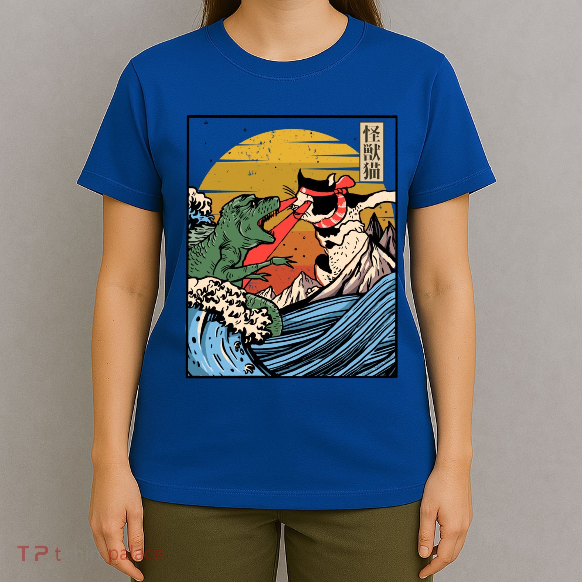 Retro Japanese Reptile Monster Vs Cat Monster Great Wave T-Shirt