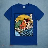 Retro Japanese Reptile Monster Vs Cat Monster Great Wave T-Shirt thumb 5
