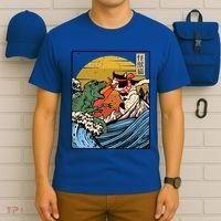 Retro Japanese Reptile Monster Vs Cat Monster Great Wave T-Shirt thumb 6