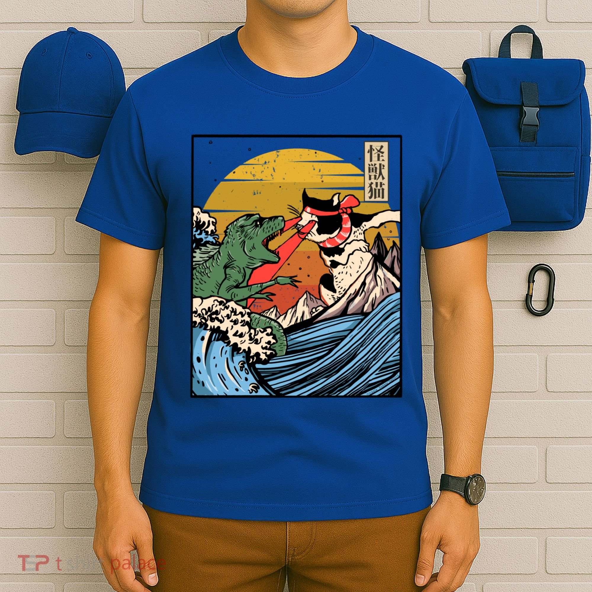 Retro Japanese Reptile Monster Vs Cat Monster Great Wave T-Shirt