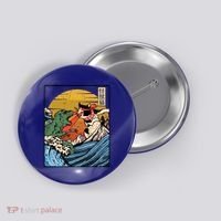 Retro Japanese Reptile Monster Vs Cat Monster Great Wave Button thumb 0
