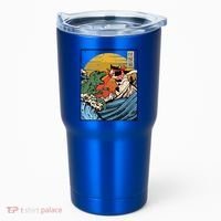 Retro Japanese Reptile Monster Vs Cat Monster Great Wave Tumbler thumb 0