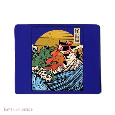 Retro Japanese Reptile Monster Vs Cat Monster Great Wave Mousepad