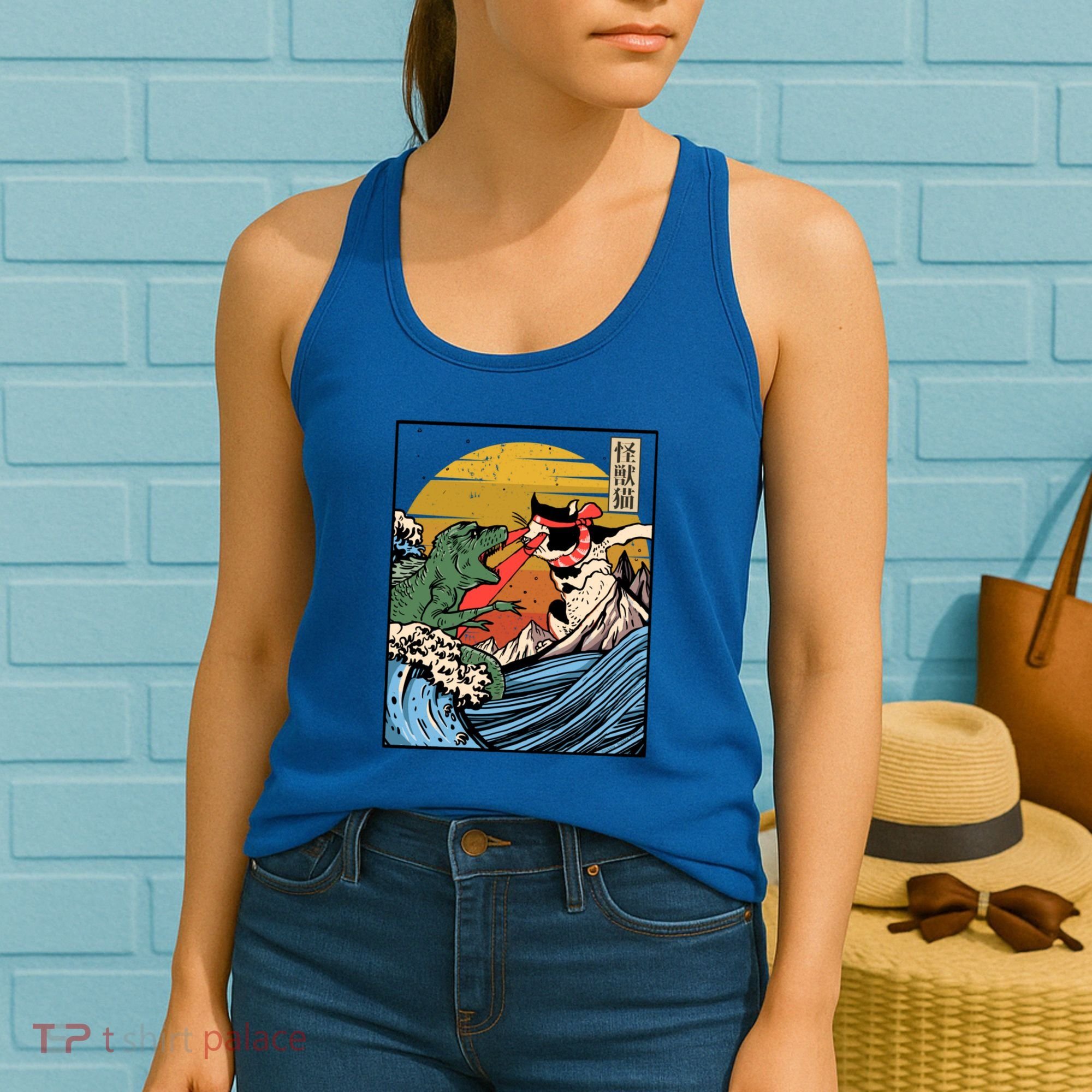Retro Japanese Reptile Monster Vs Cat Monster Great Wave Women's Tank Top