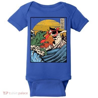 Retro Japanese Reptile Monster Vs Cat Monster Great Wave Baby Bodysuit