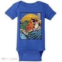 Retro Japanese Reptile Monster Vs Cat Monster Great Wave Baby Bodysuit thumb 0