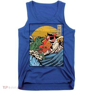 Retro Japanese Reptile Monster Vs Cat Monster Great Wave Tank Top