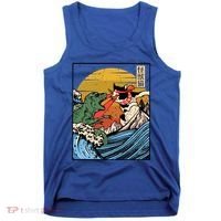 Retro Japanese Reptile Monster Vs Cat Monster Great Wave Tank Top thumb 0
