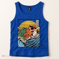 Retro Japanese Reptile Monster Vs Cat Monster Great Wave Tank Top thumb 2