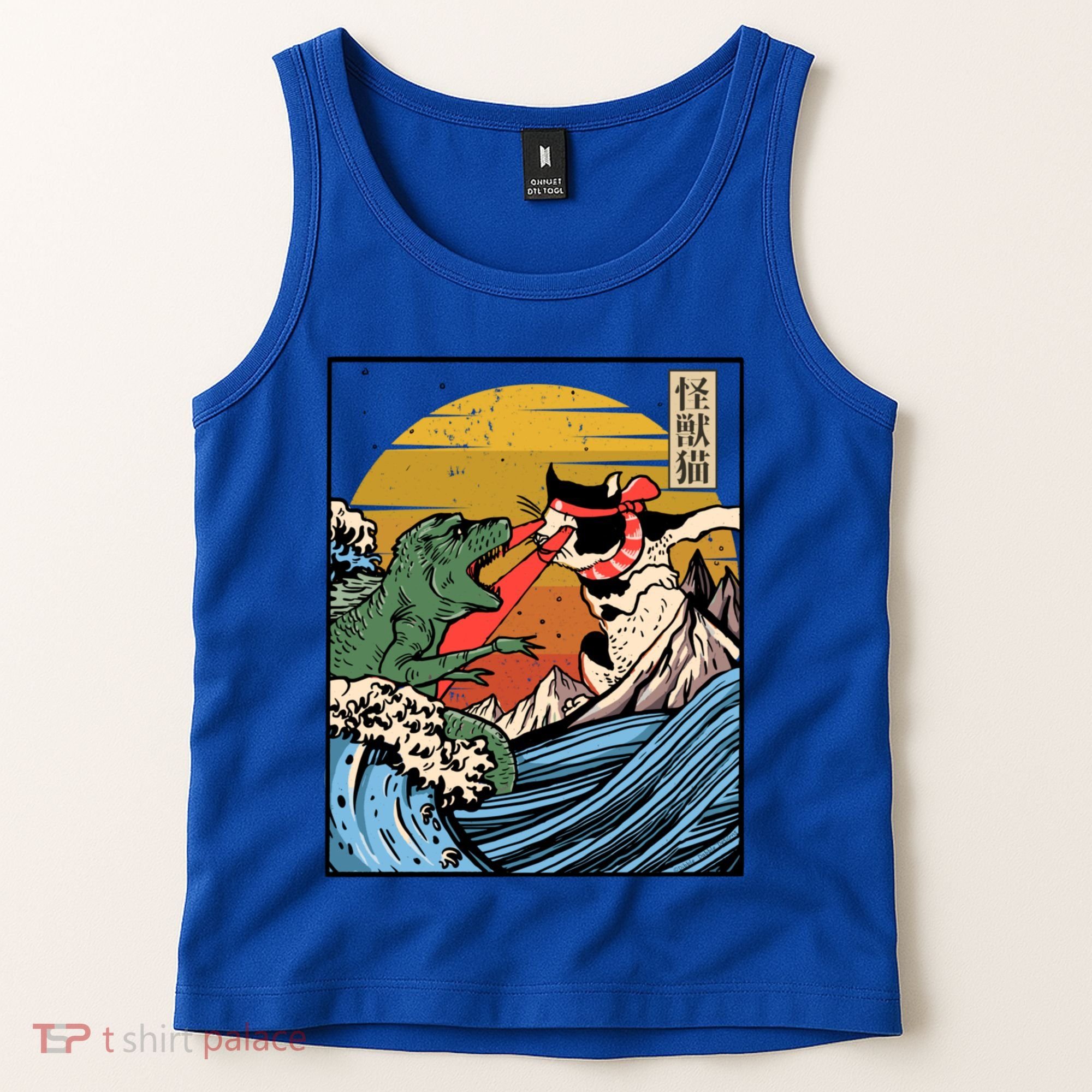 Retro Japanese Reptile Monster Vs Cat Monster Great Wave Tank Top