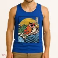 Retro Japanese Reptile Monster Vs Cat Monster Great Wave Tank Top thumb 3
