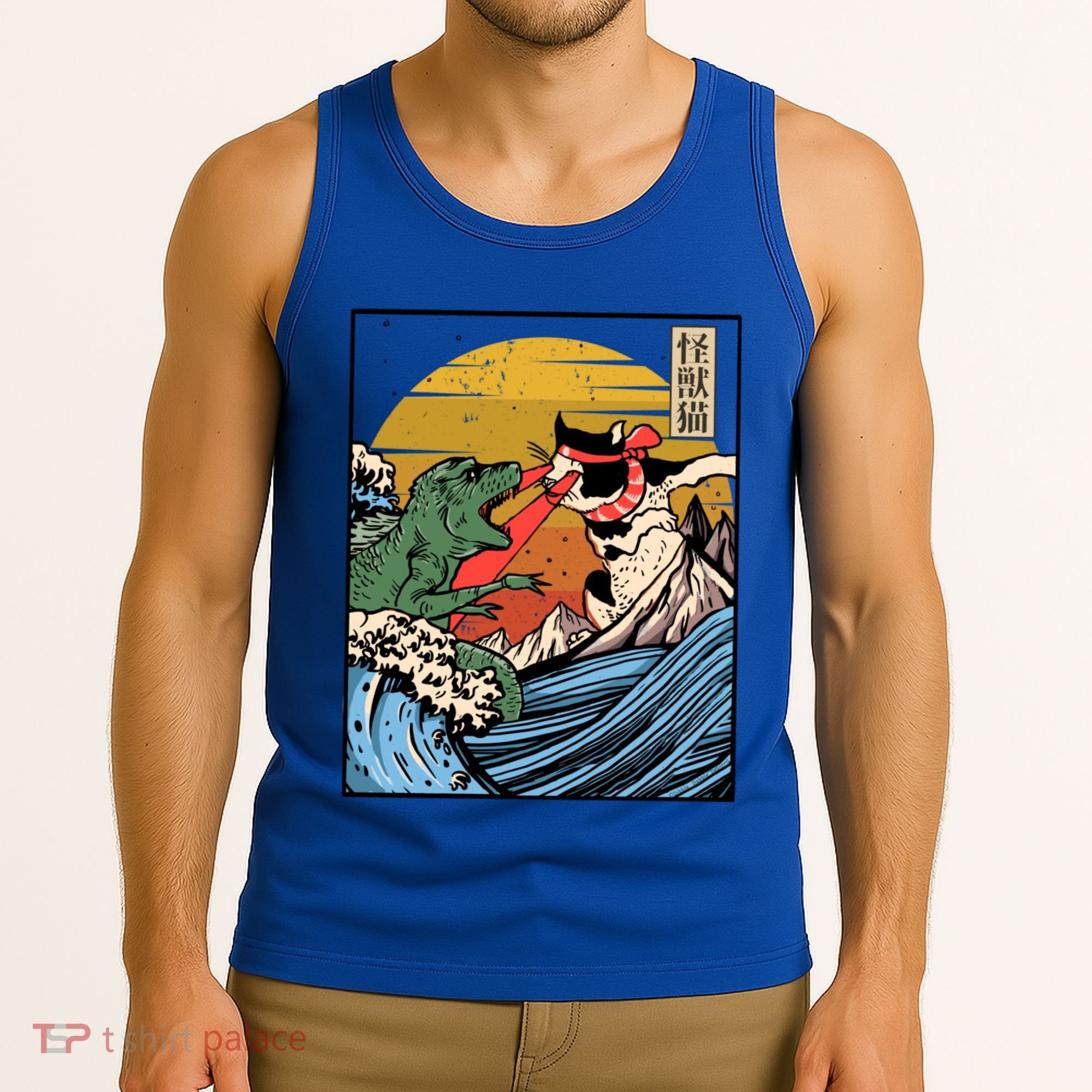 Retro Japanese Reptile Monster Vs Cat Monster Great Wave Tank Top