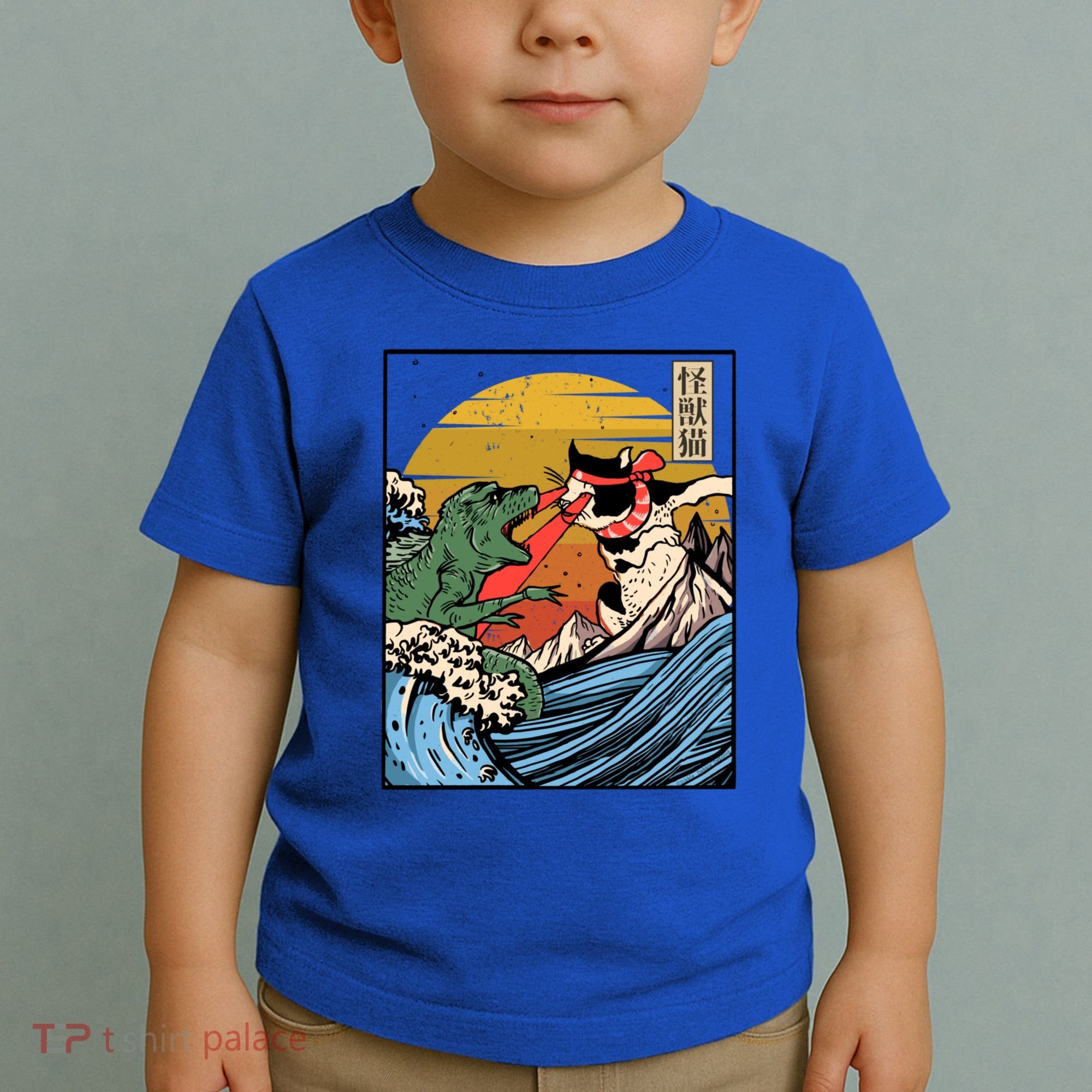 Retro Japanese Reptile Monster Vs Cat Monster Great Wave Toddler T-Shirt