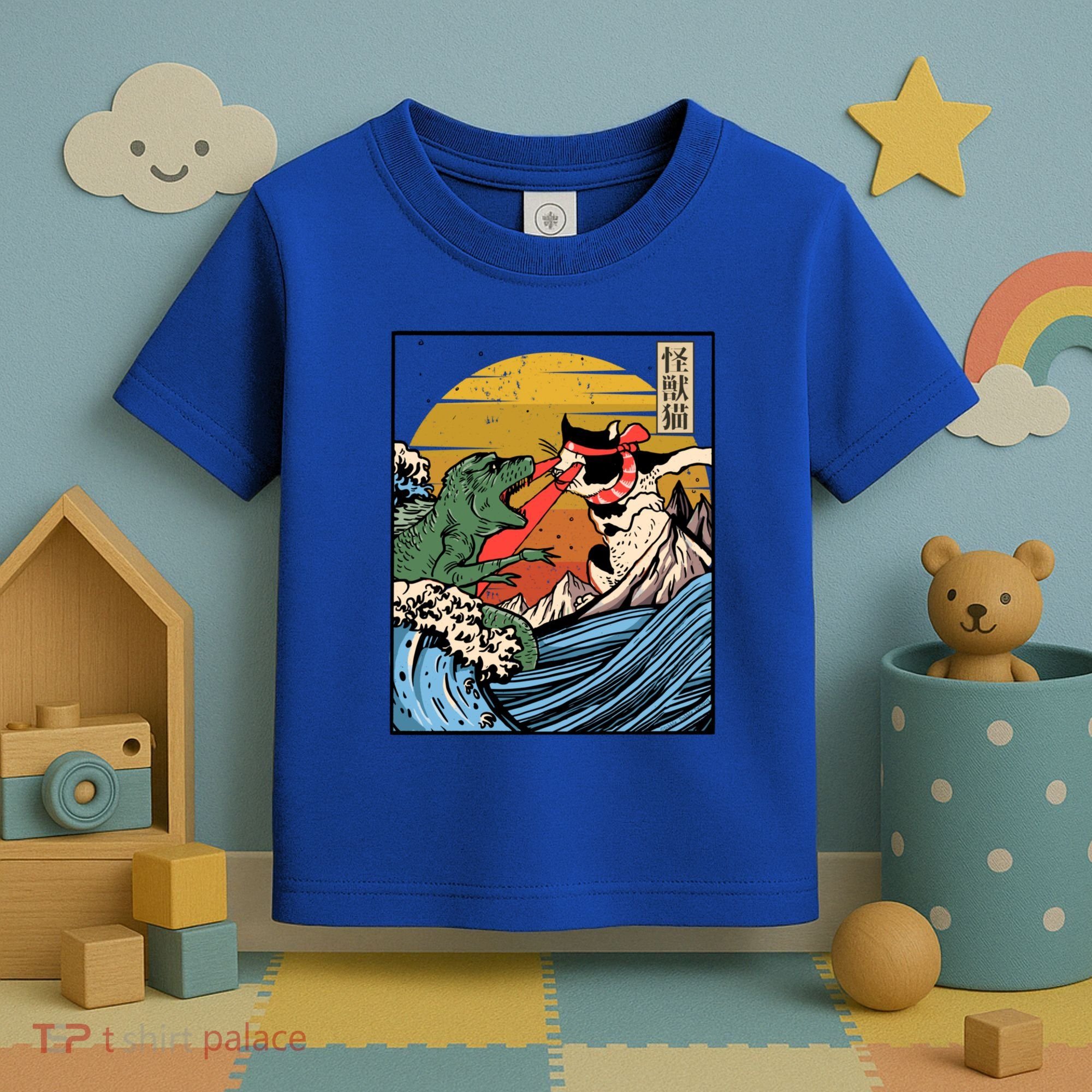 Retro Japanese Reptile Monster Vs Cat Monster Great Wave Toddler T-Shirt