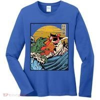 Retro Japanese Reptile Monster Vs Cat Monster Great Wave Women's Long Sleeve Shirt thumb 0
