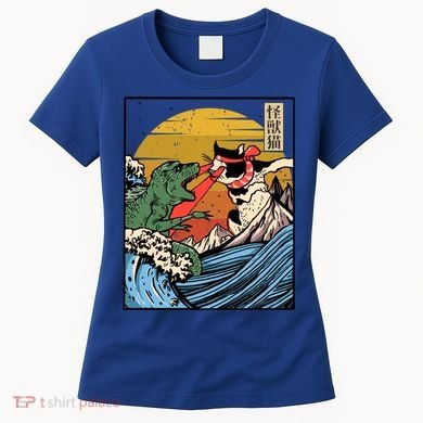 Retro Japanese Reptile Monster Vs Cat Monster Great Wave Women's T-Shirt