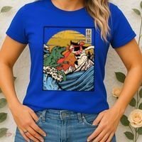 Retro Japanese Reptile Monster Vs Cat Monster Great Wave Women's T-Shirt thumb 2