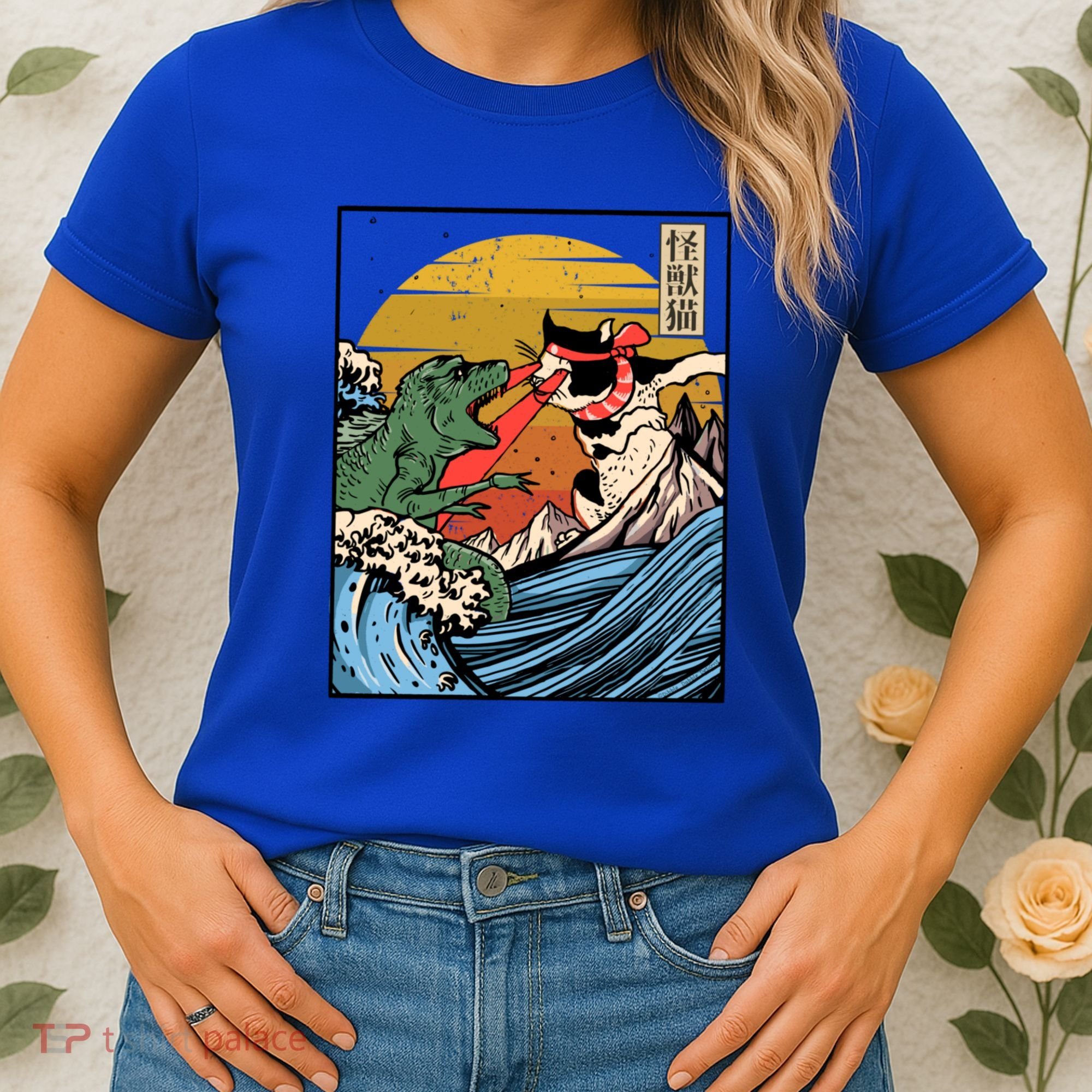 Retro Japanese Reptile Monster Vs Cat Monster Great Wave Women's T-Shirt