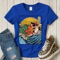Retro Japanese Reptile Monster Vs Cat Monster Great Wave Women's T-Shirt thumb 3