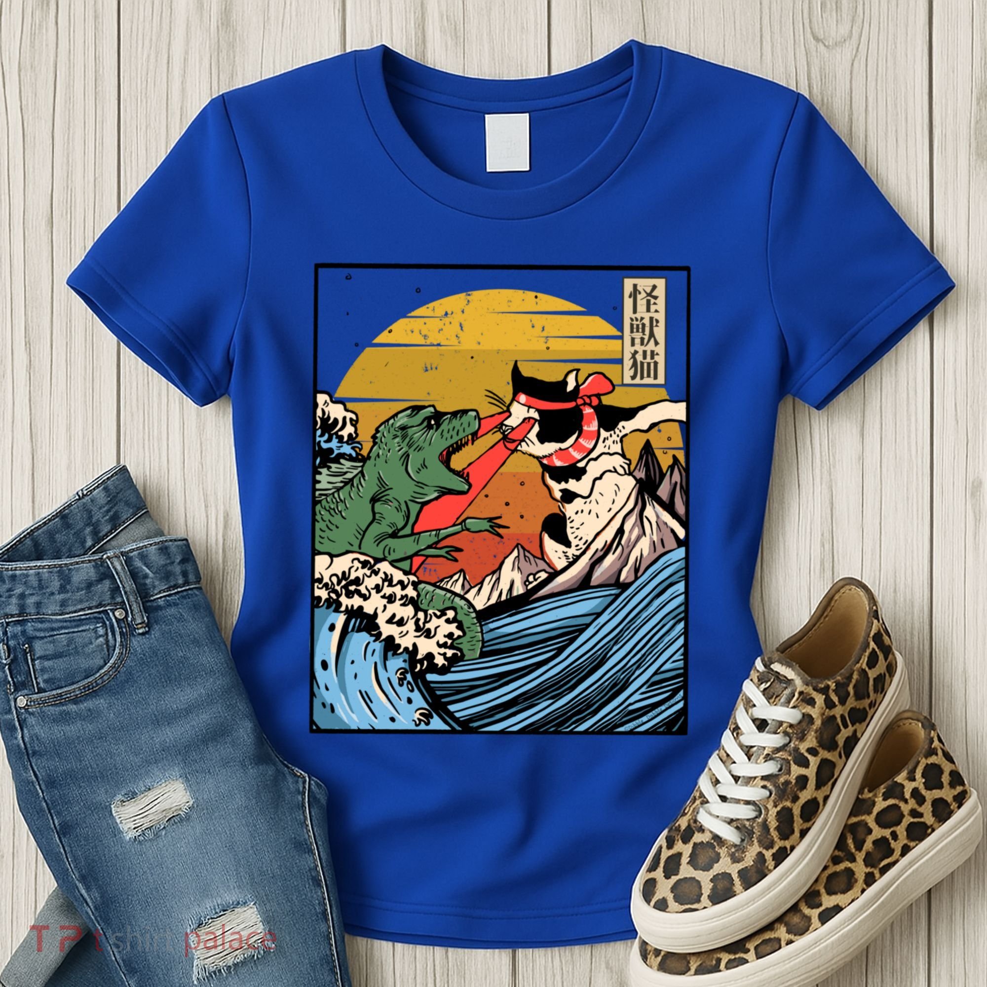 Retro Japanese Reptile Monster Vs Cat Monster Great Wave Women's T-Shirt
