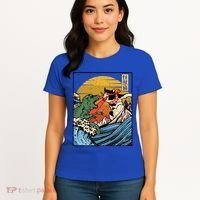 Retro Japanese Reptile Monster Vs Cat Monster Great Wave Women's T-Shirt thumb 4