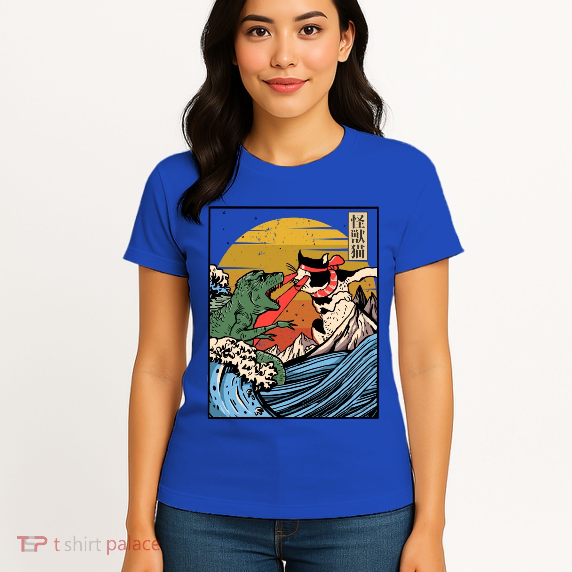 Retro Japanese Reptile Monster Vs Cat Monster Great Wave Women's T-Shirt