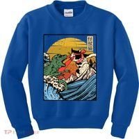 Retro Japanese Reptile Monster Vs Cat Monster Great Wave Kids Sweatshirt thumb 0