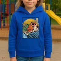 Retro Japanese Reptile Monster Vs Cat Monster Great Wave Kids Hoodie thumb 3