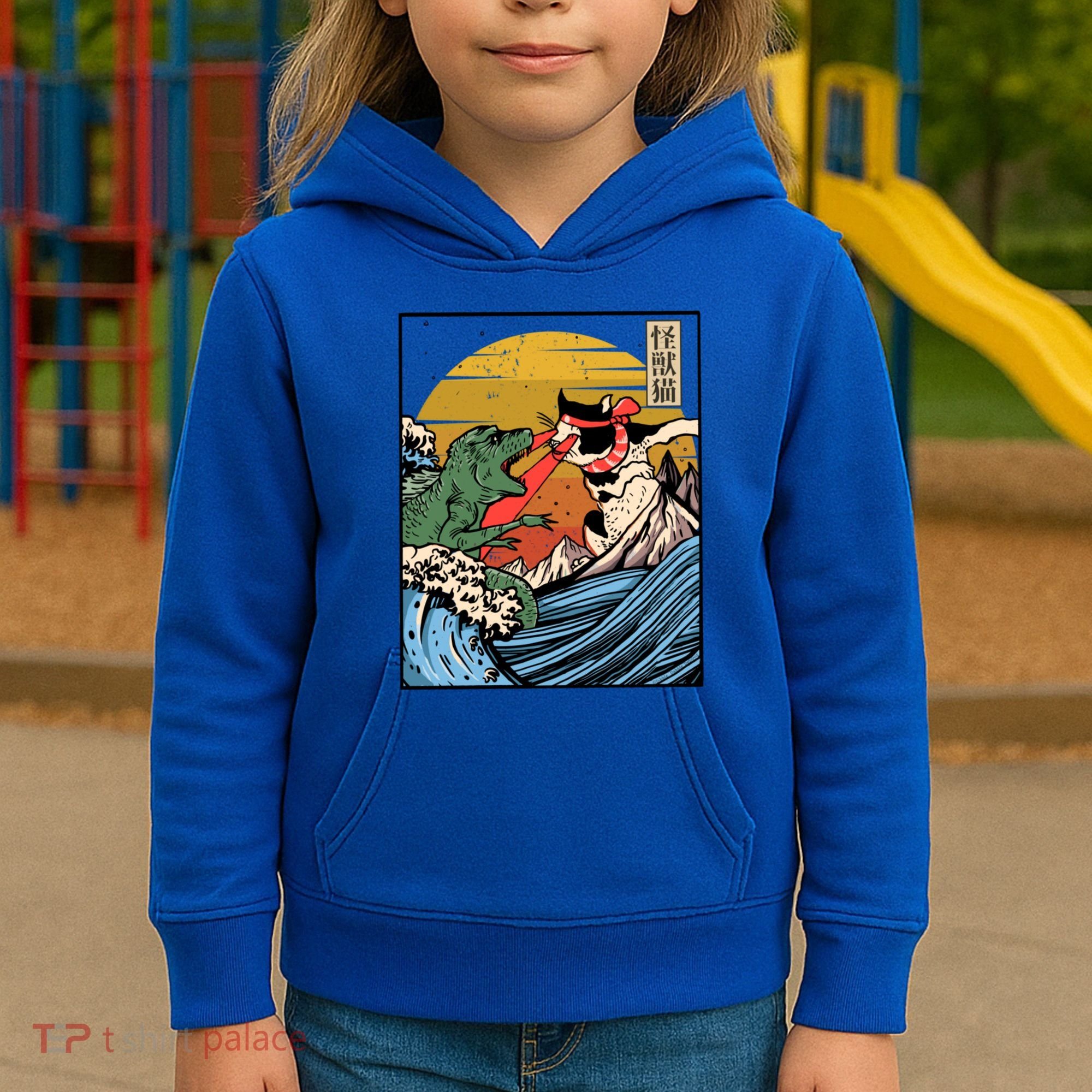 Retro Japanese Reptile Monster Vs Cat Monster Great Wave Kids Hoodie
