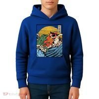 Retro Japanese Reptile Monster Vs Cat Monster Great Wave Kids Hoodie thumb 4