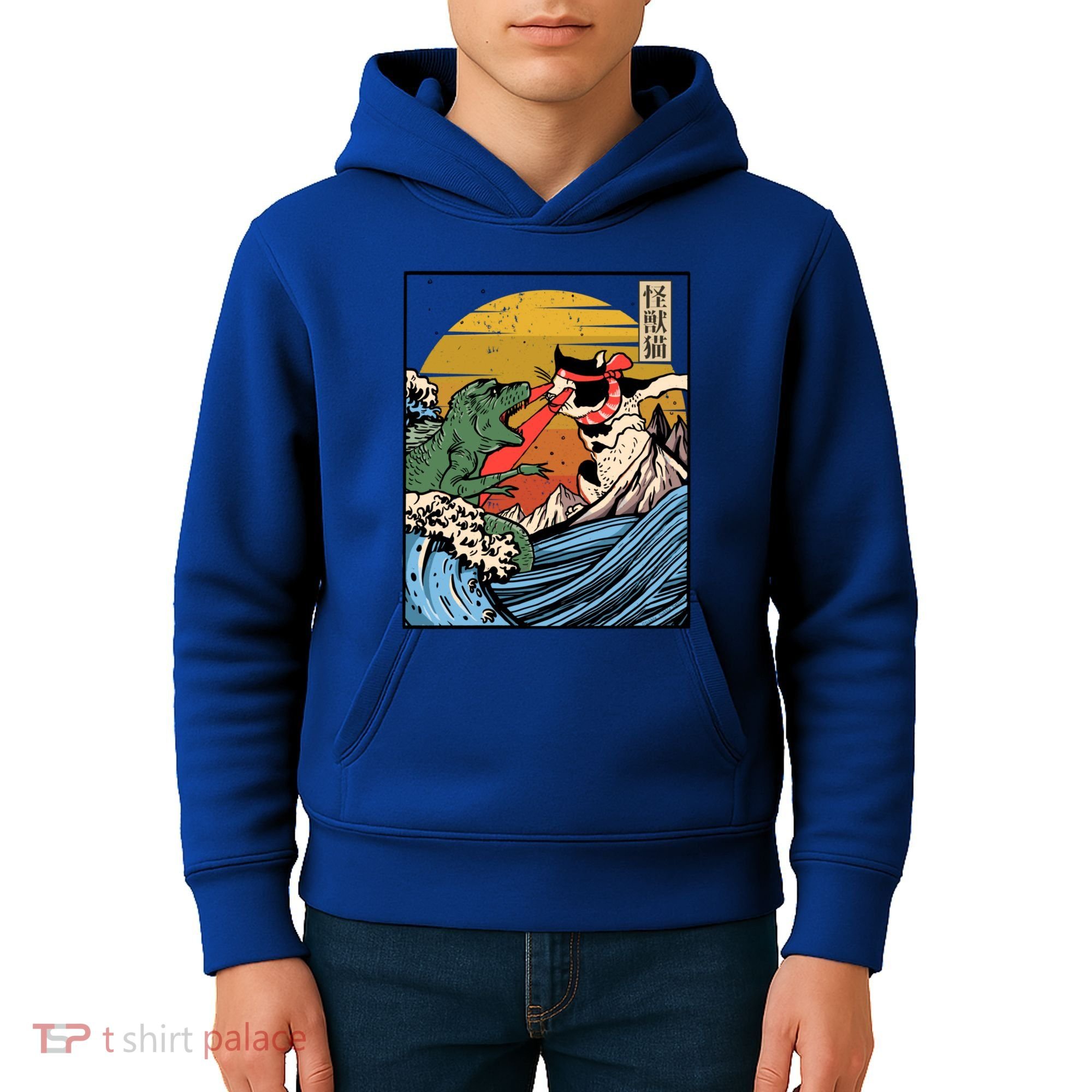 Retro Japanese Reptile Monster Vs Cat Monster Great Wave Kids Hoodie