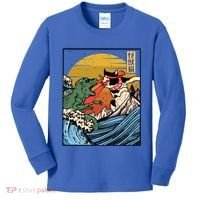 Retro Japanese Reptile Monster Vs Cat Monster Great Wave Kids Long Sleeve Shirt thumb 0