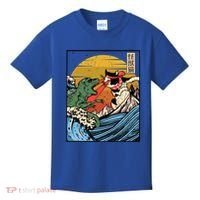 Retro Japanese Reptile Monster Vs Cat Monster Great Wave Kids T-Shirt thumb 0
