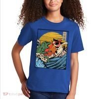 Retro Japanese Reptile Monster Vs Cat Monster Great Wave Kids T-Shirt thumb 2