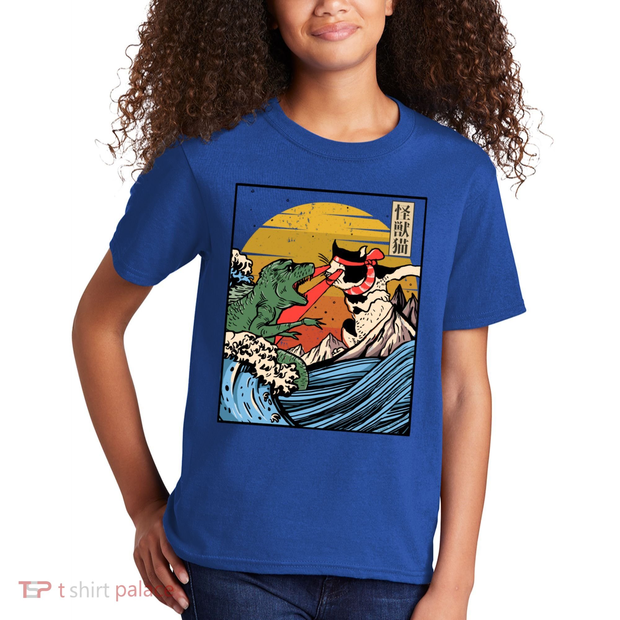 Retro Japanese Reptile Monster Vs Cat Monster Great Wave Kids T-Shirt
