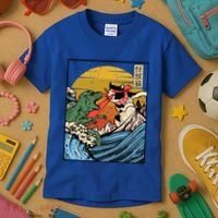 Retro Japanese Reptile Monster Vs Cat Monster Great Wave Kids T-Shirt thumb 3