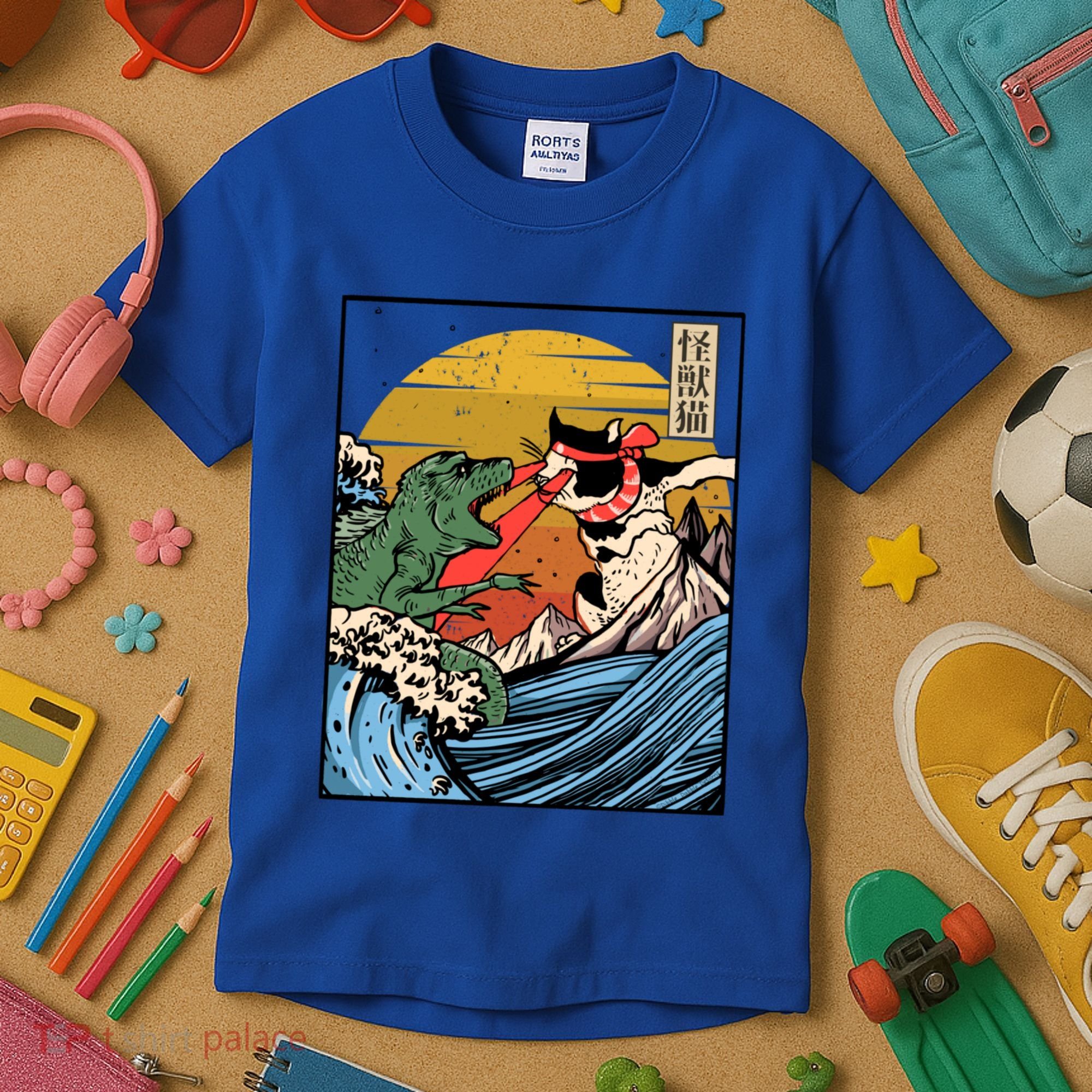 Retro Japanese Reptile Monster Vs Cat Monster Great Wave Kids T-Shirt