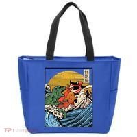 Retro Japanese Reptile Monster Vs Cat Monster Great Wave Tote Bag thumb 0