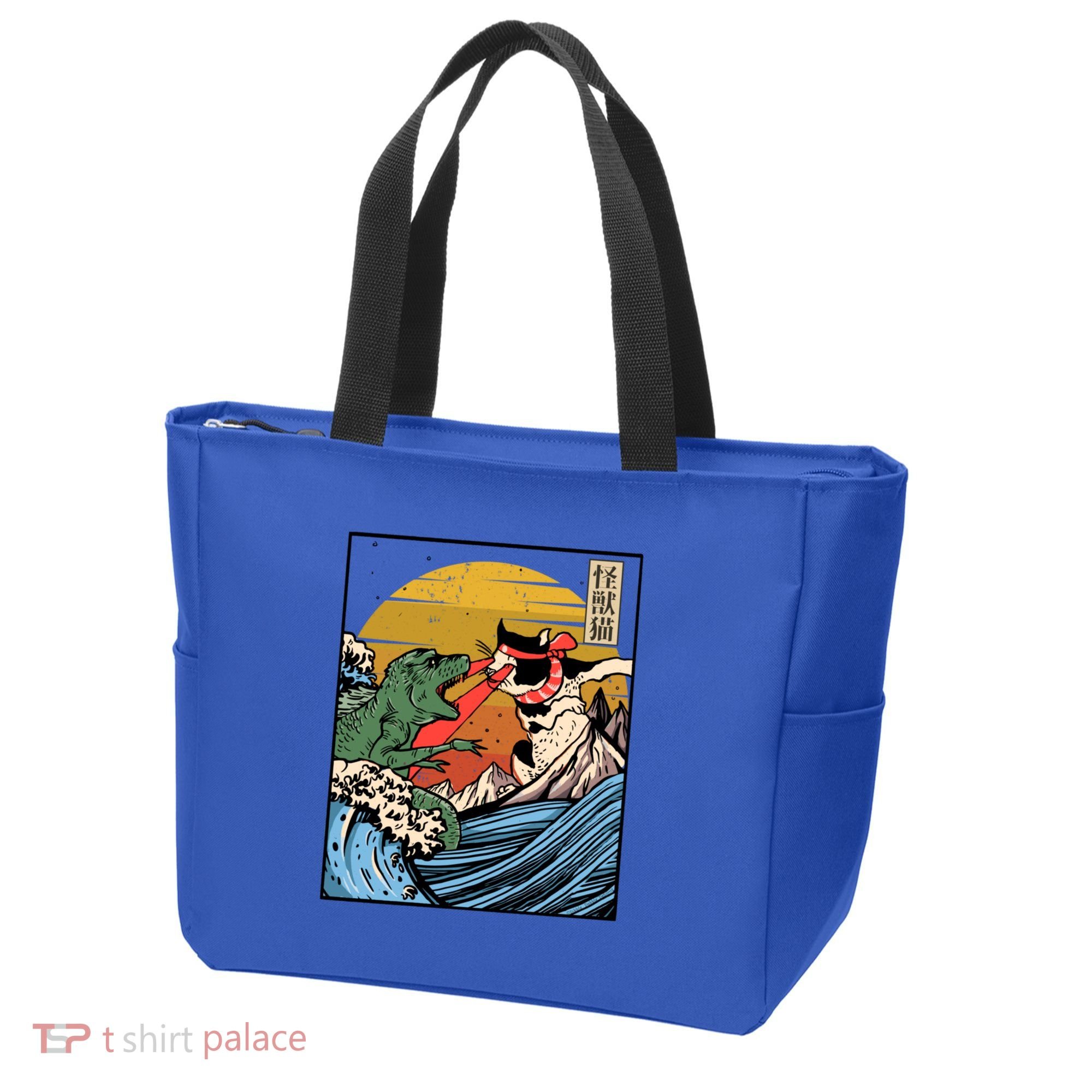 Retro Japanese Reptile Monster Vs Cat Monster Great Wave Tote Bag